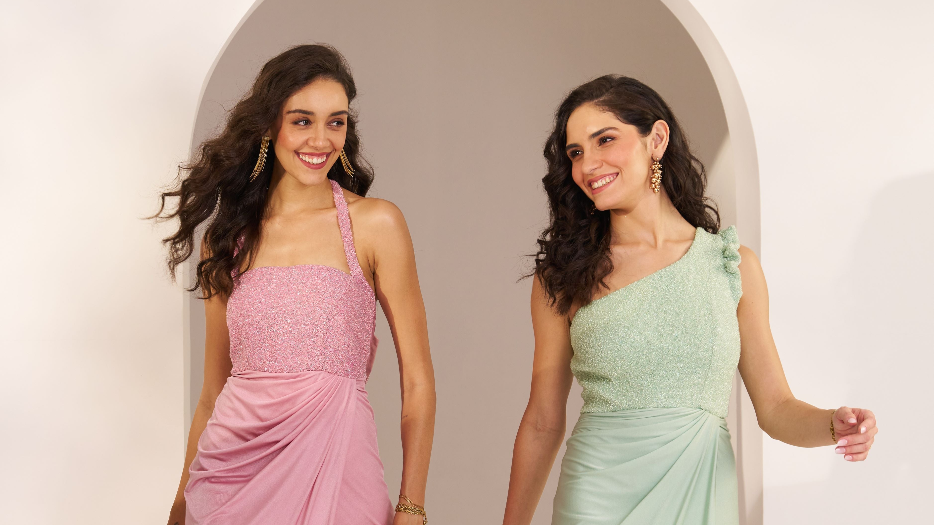 drape dresses in pink and mint