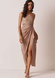 Womens strapless drape dress in shimmery champagne color
