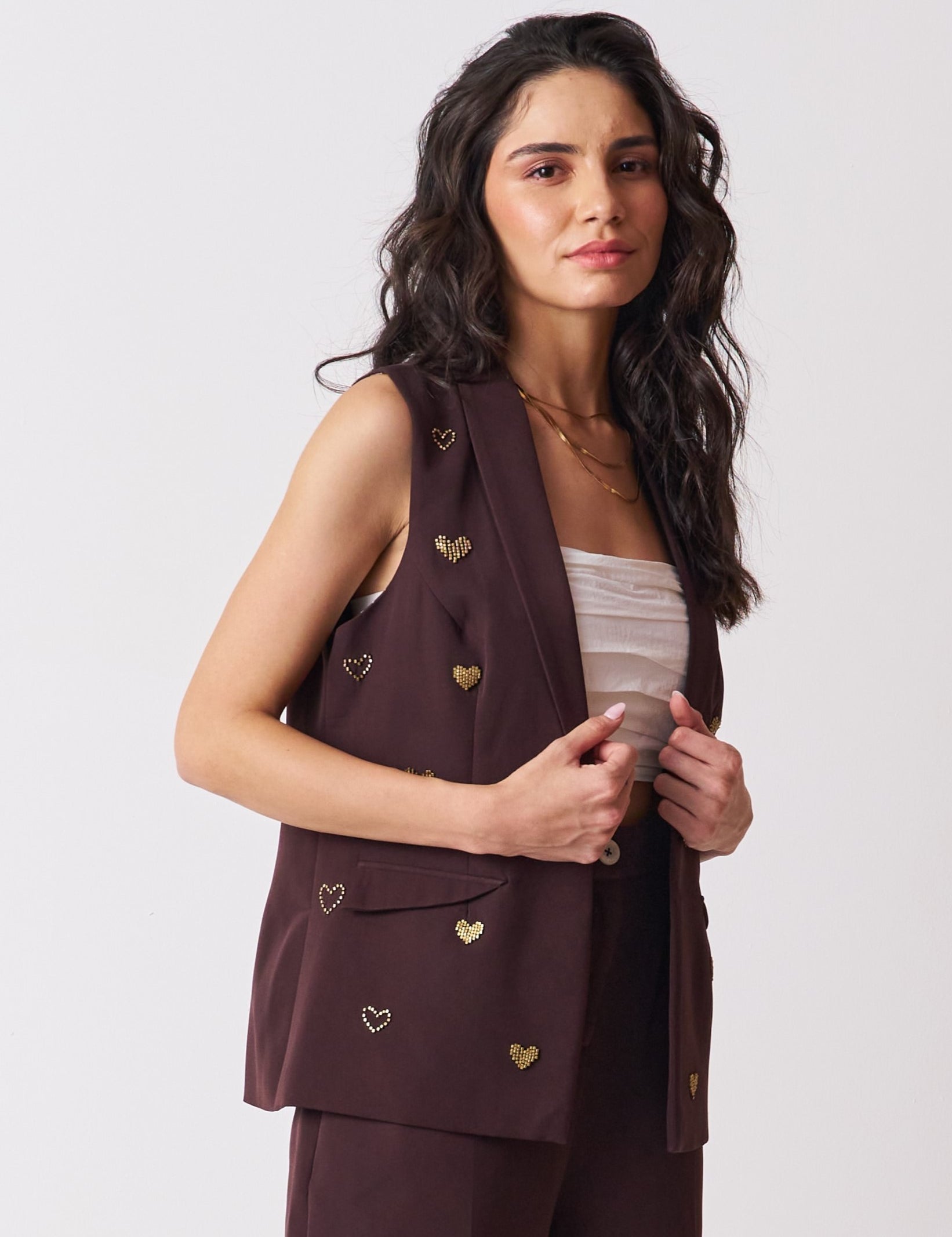 womens brown blazer with hand embellished detailing