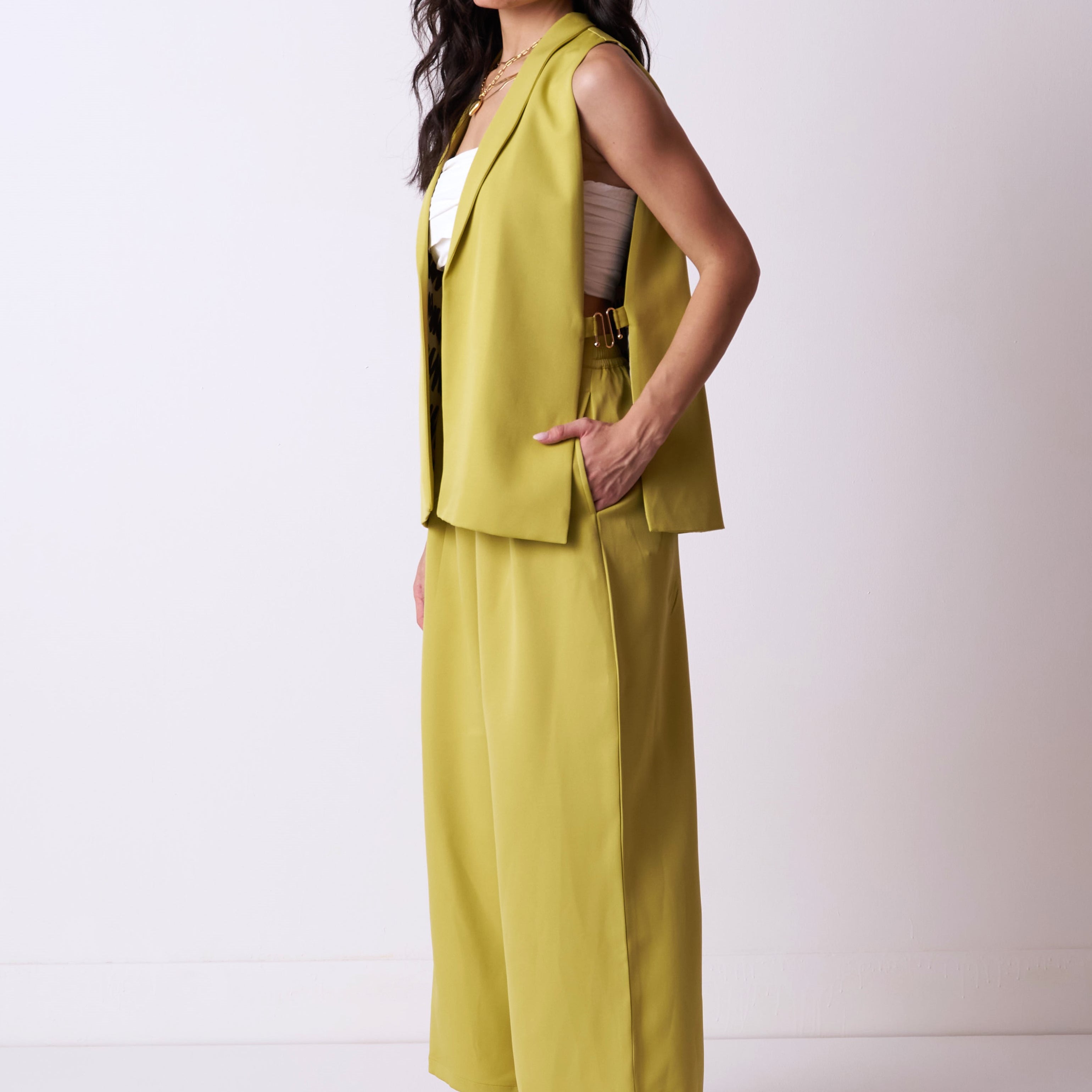 womens lime green coord set with side buckle detailing