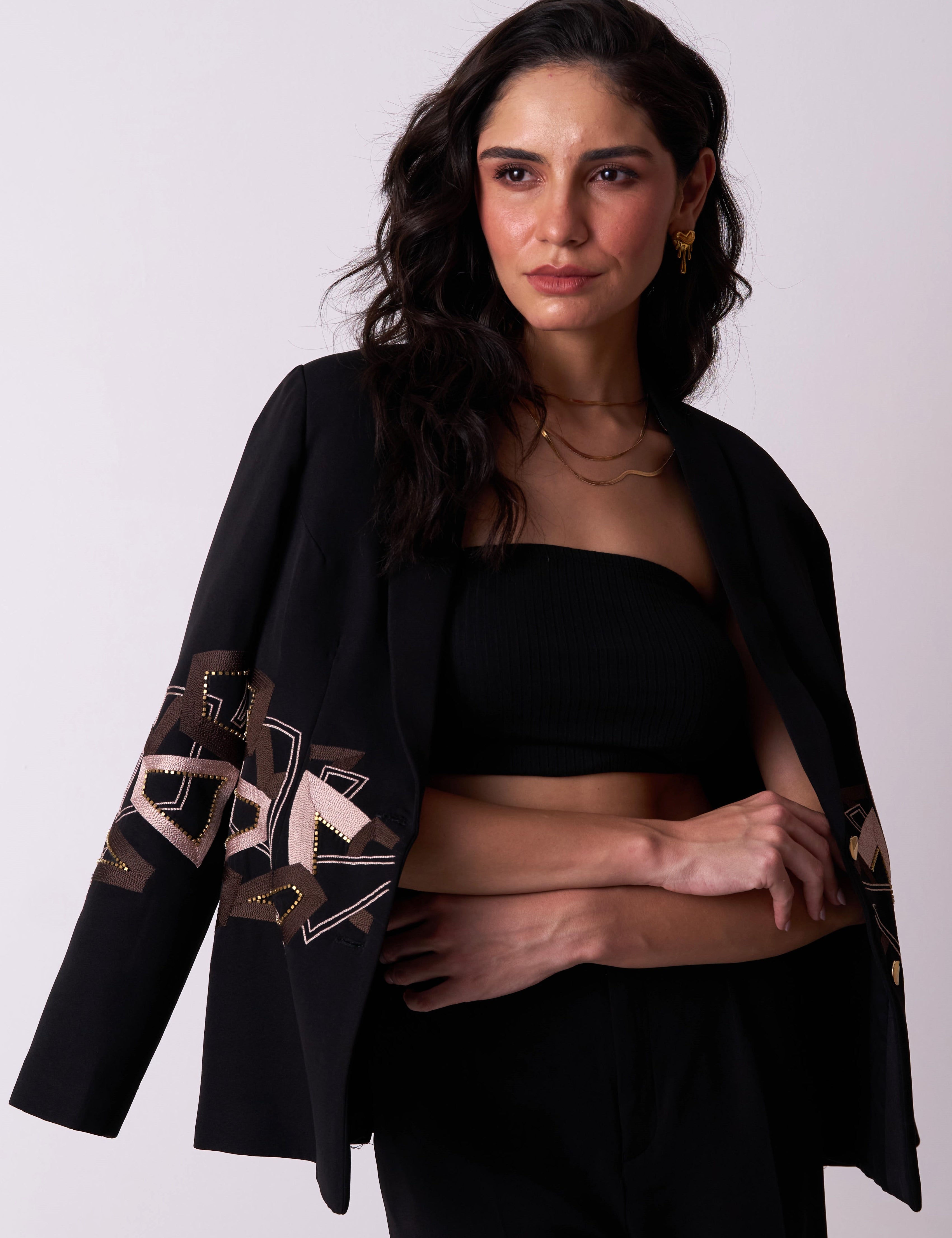 womens black blazer with geometric motif detailing