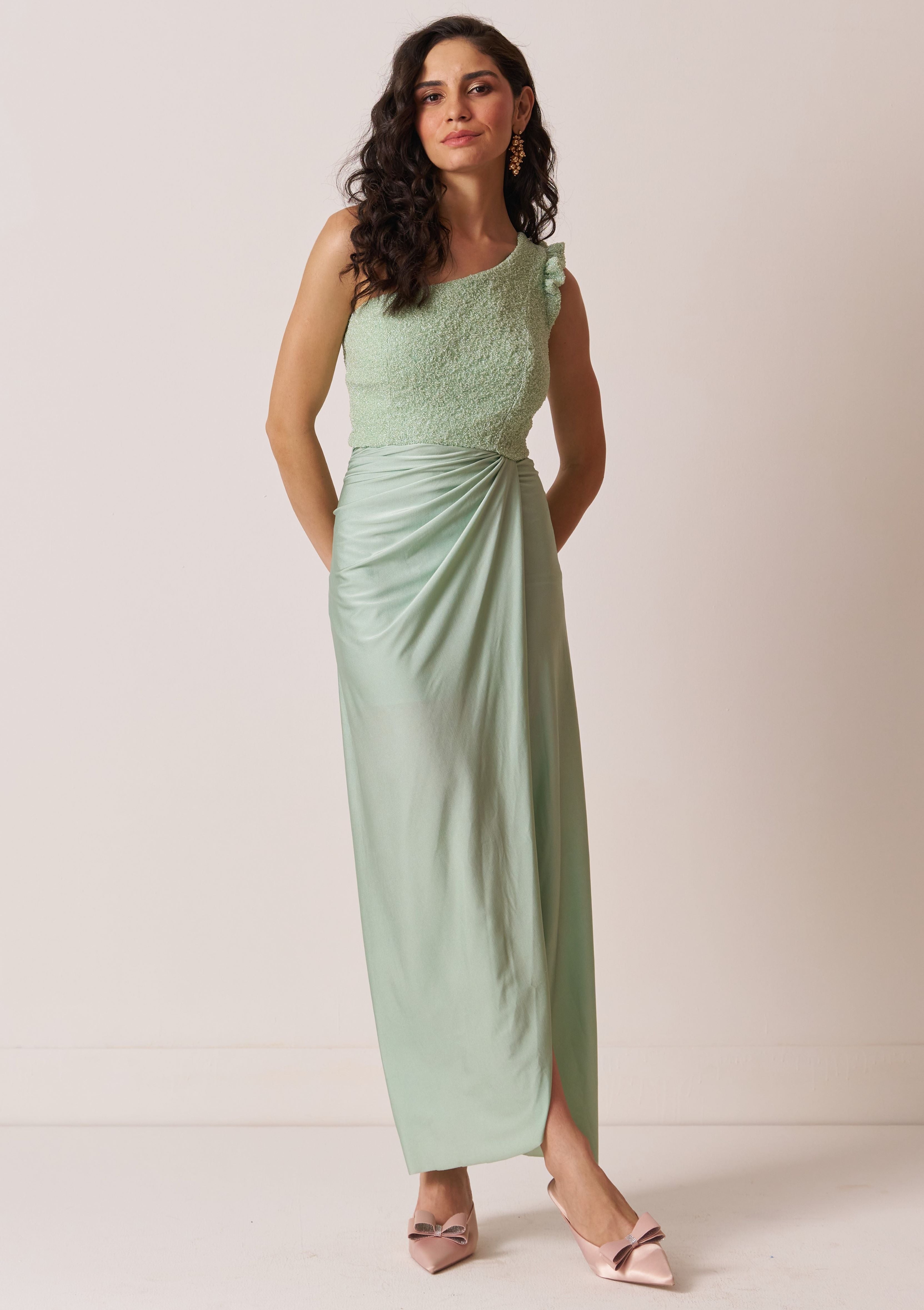 womens one shoulder drape dress in mint color