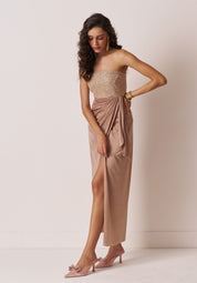 womens strapless evening dress in champagne color