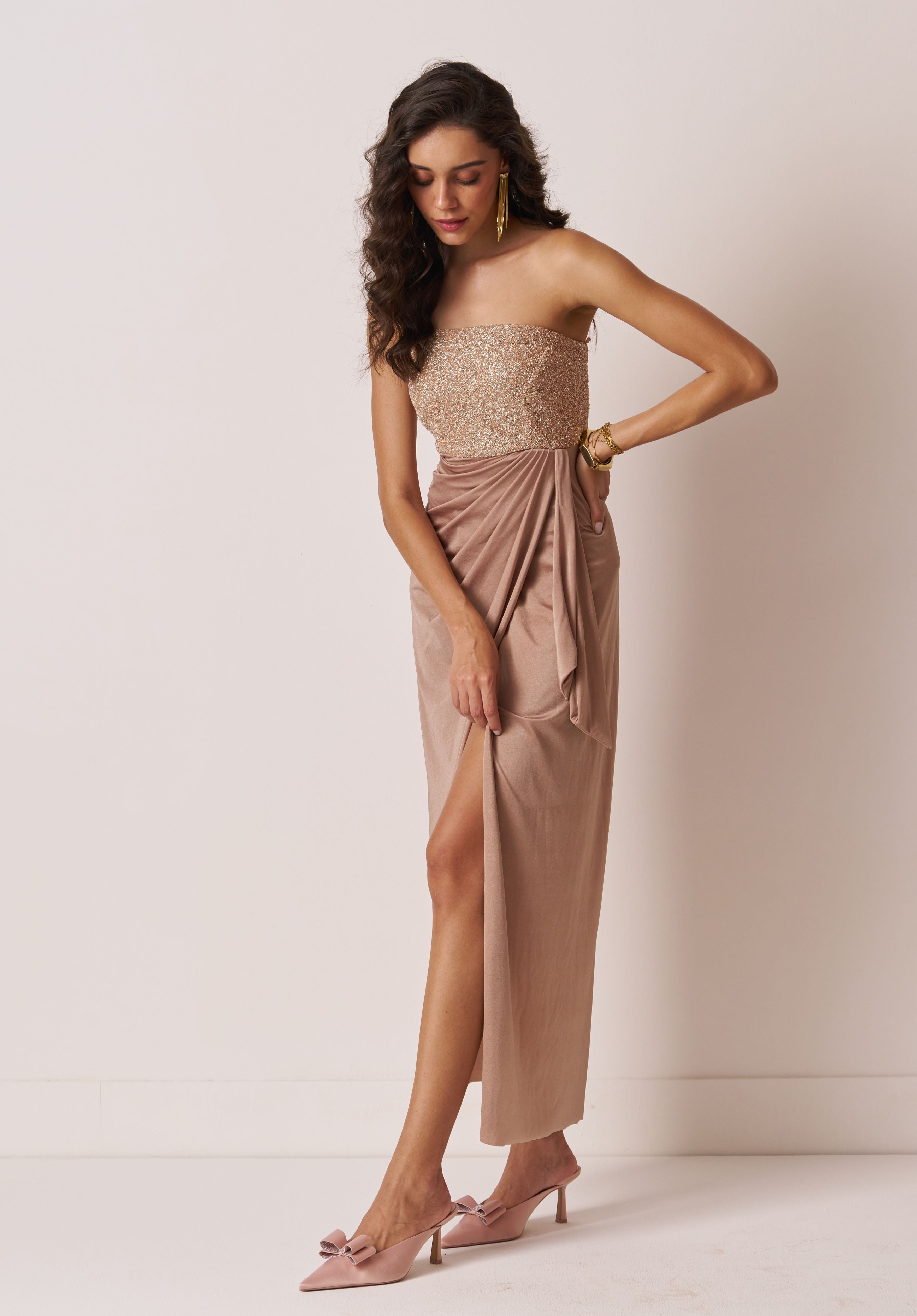womens strapless evening dress in champagne color