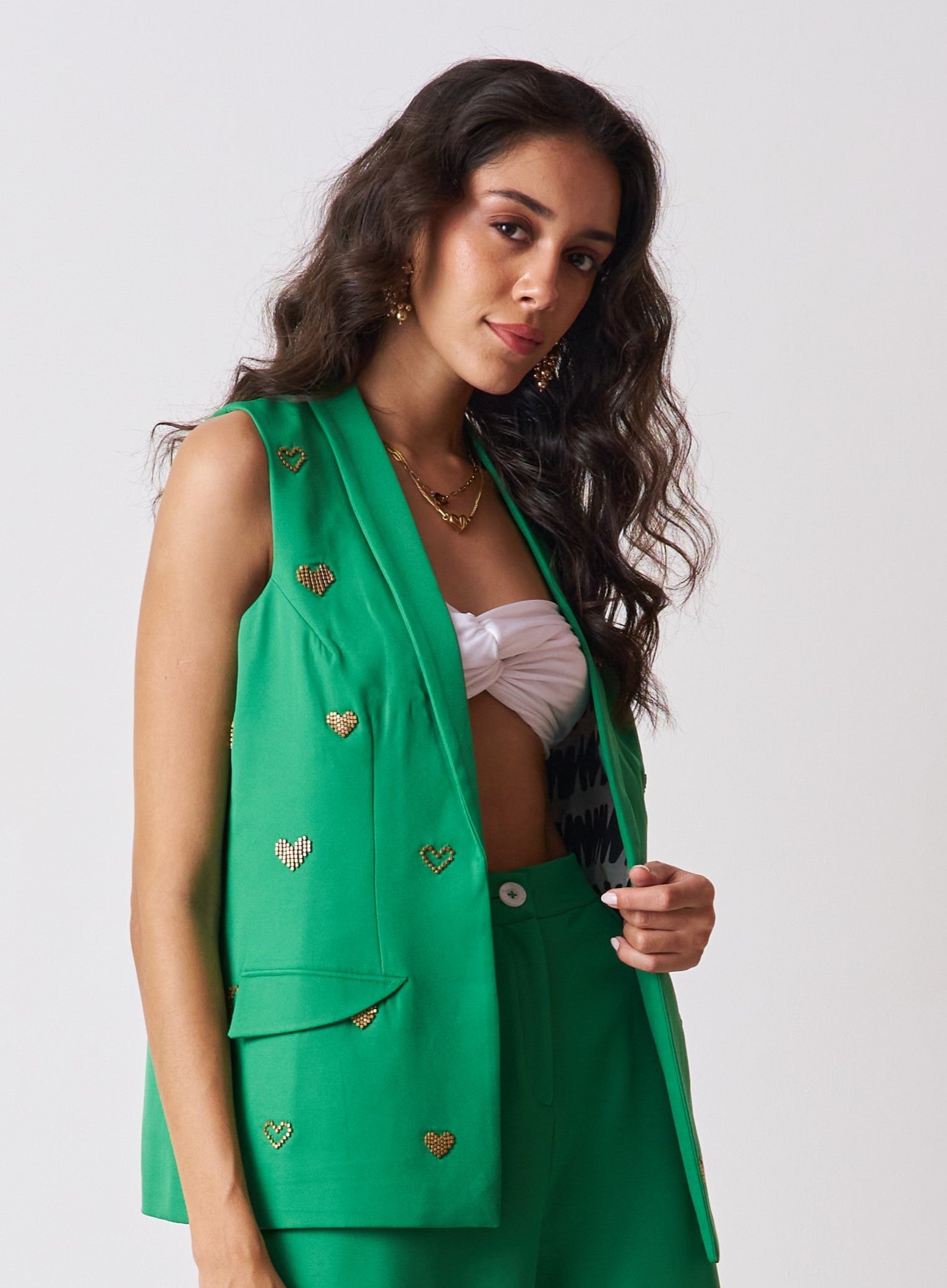 womens green coord set with hand embellished detailing