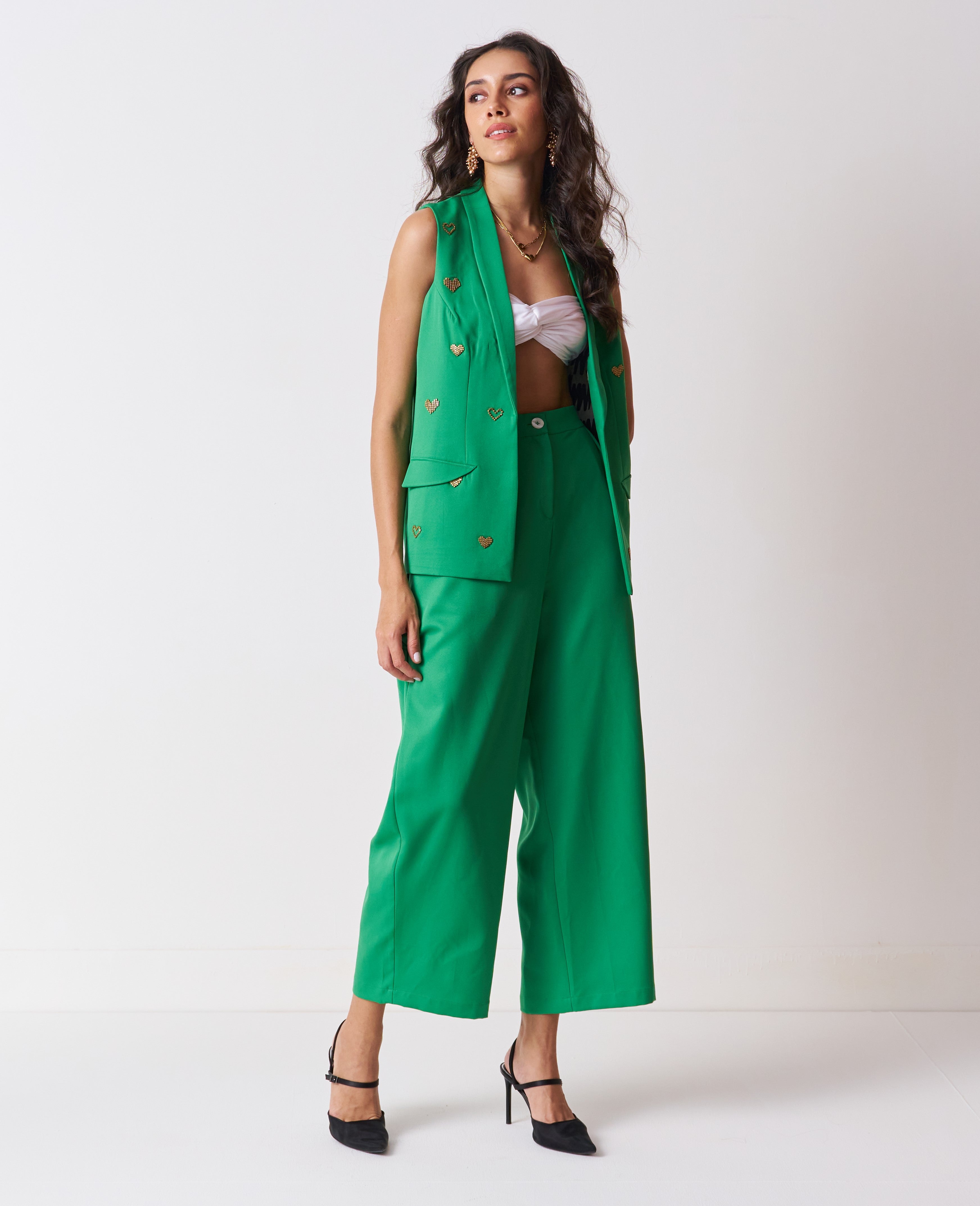 womens green coord set with hand embellished detailing