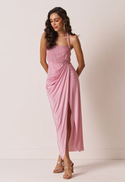 womens halter neck drape dress in pink