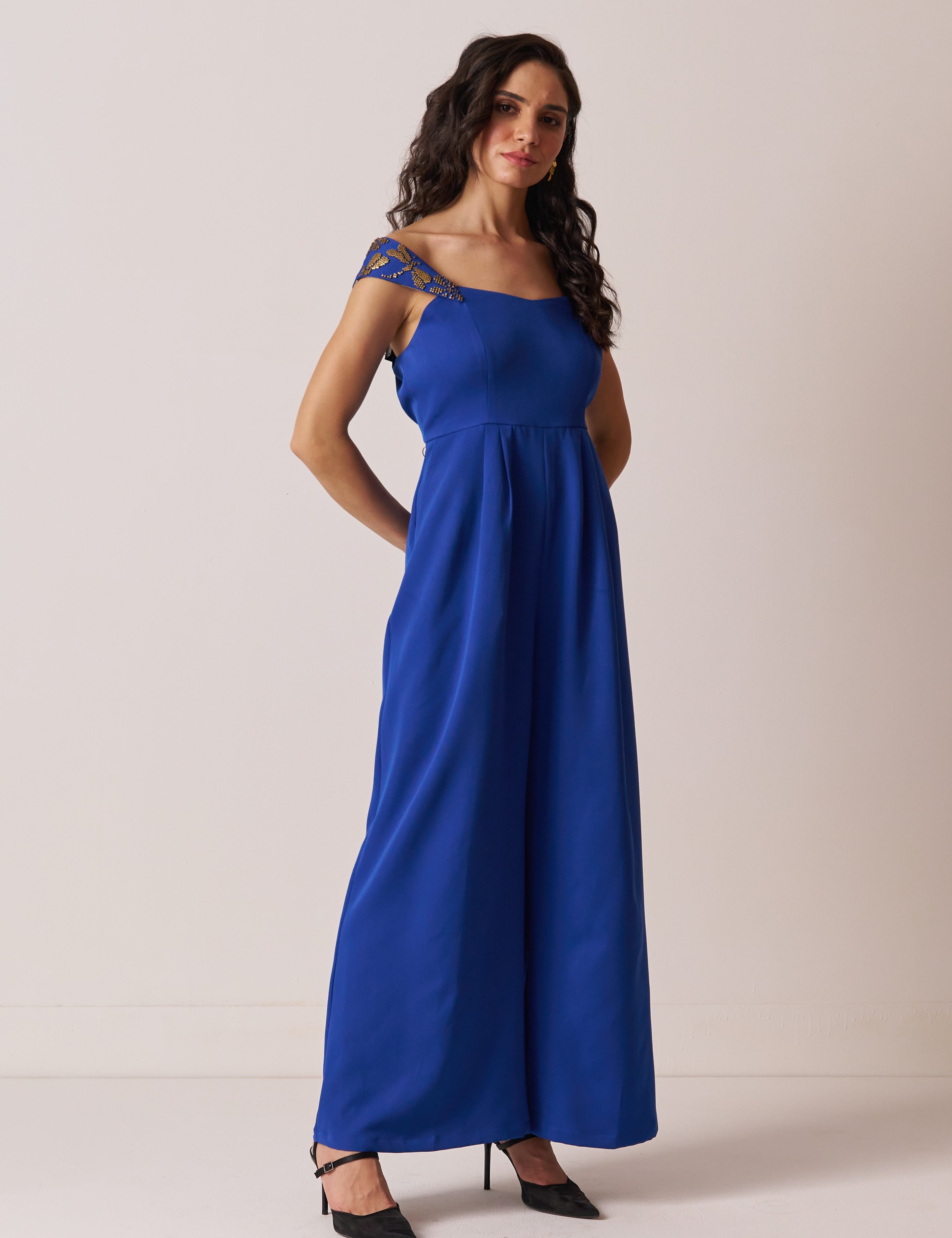 womens off shoulder jumpsuit in blue