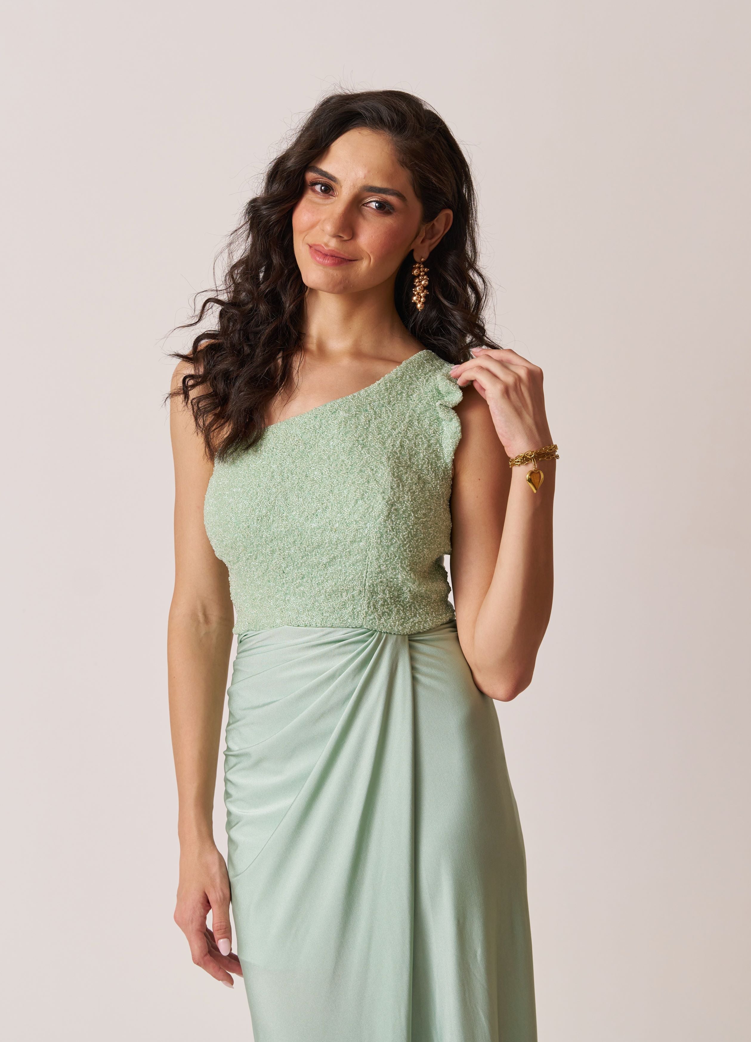 womens one shoulder drape dress in mint color