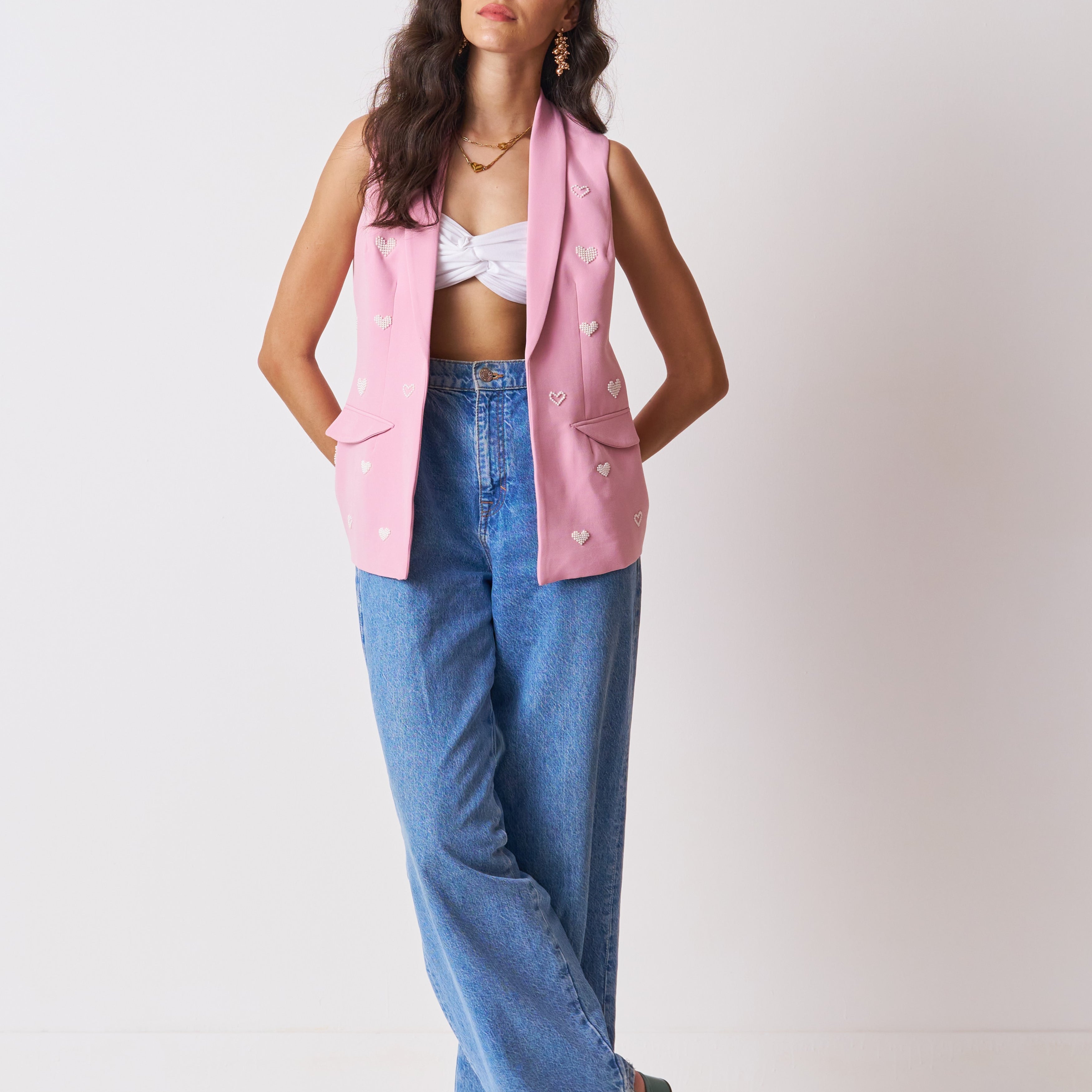 womens pink blazer with pearl detailing