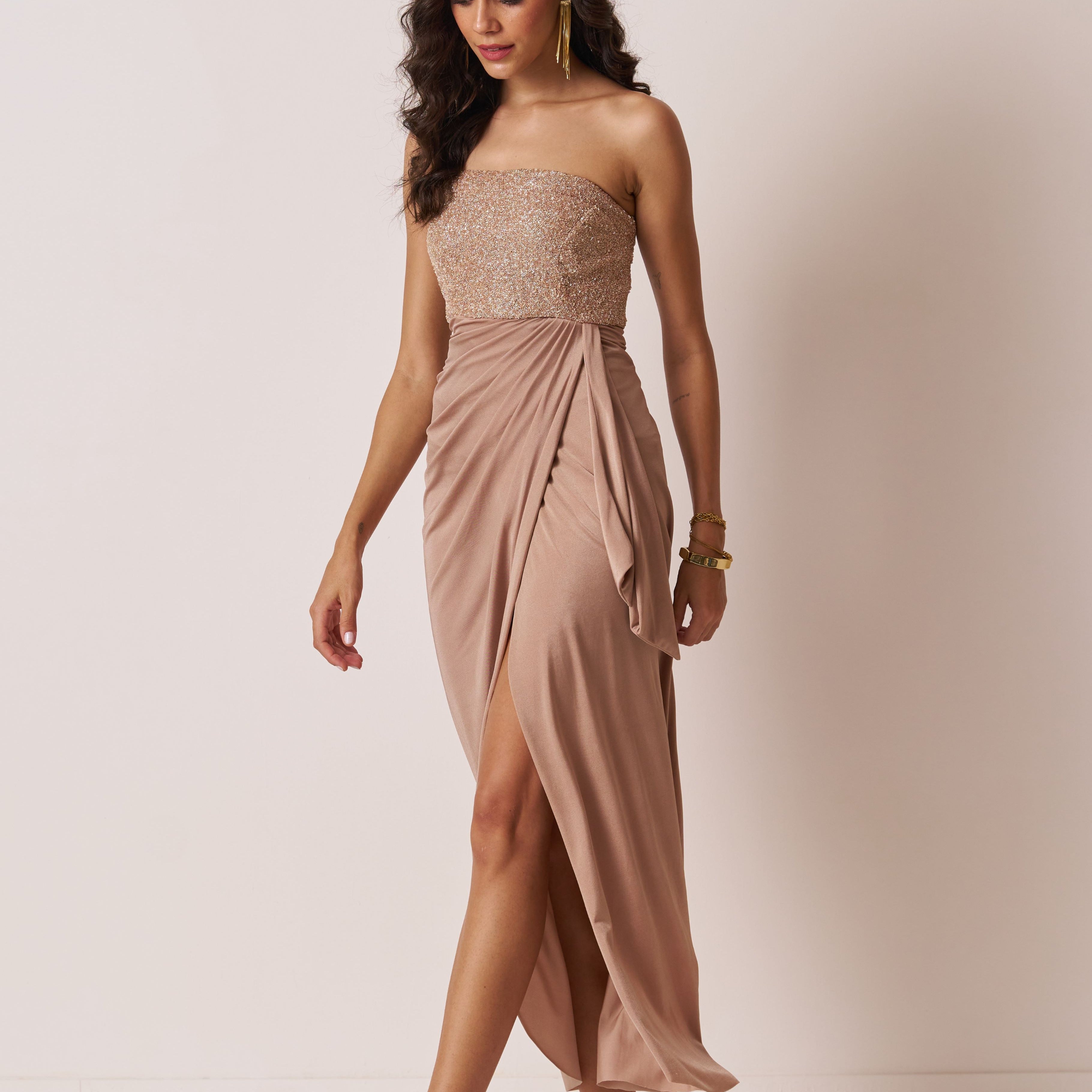 womens strapless drape dress in champagne color