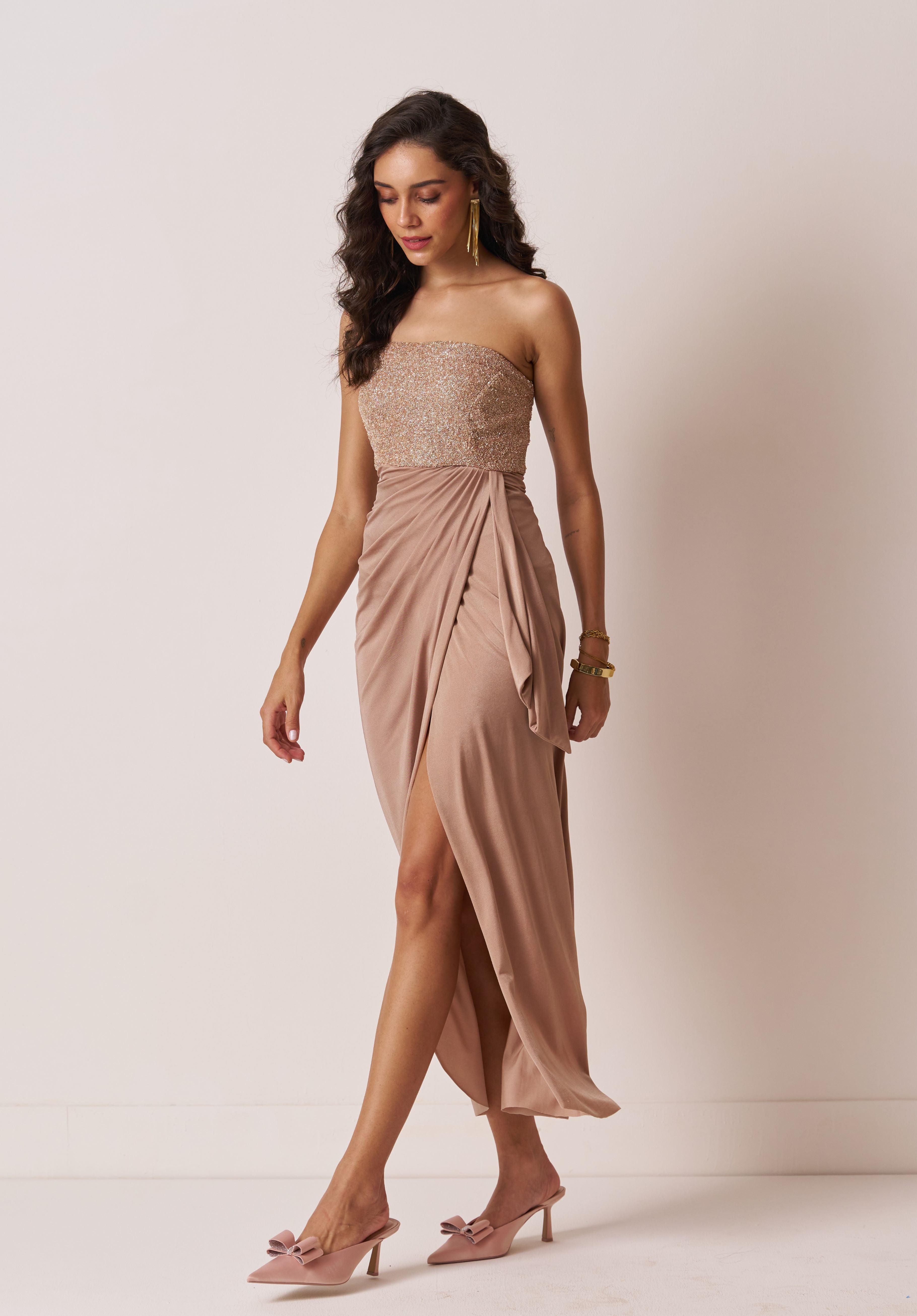 womens strapless drape dress in champagne color