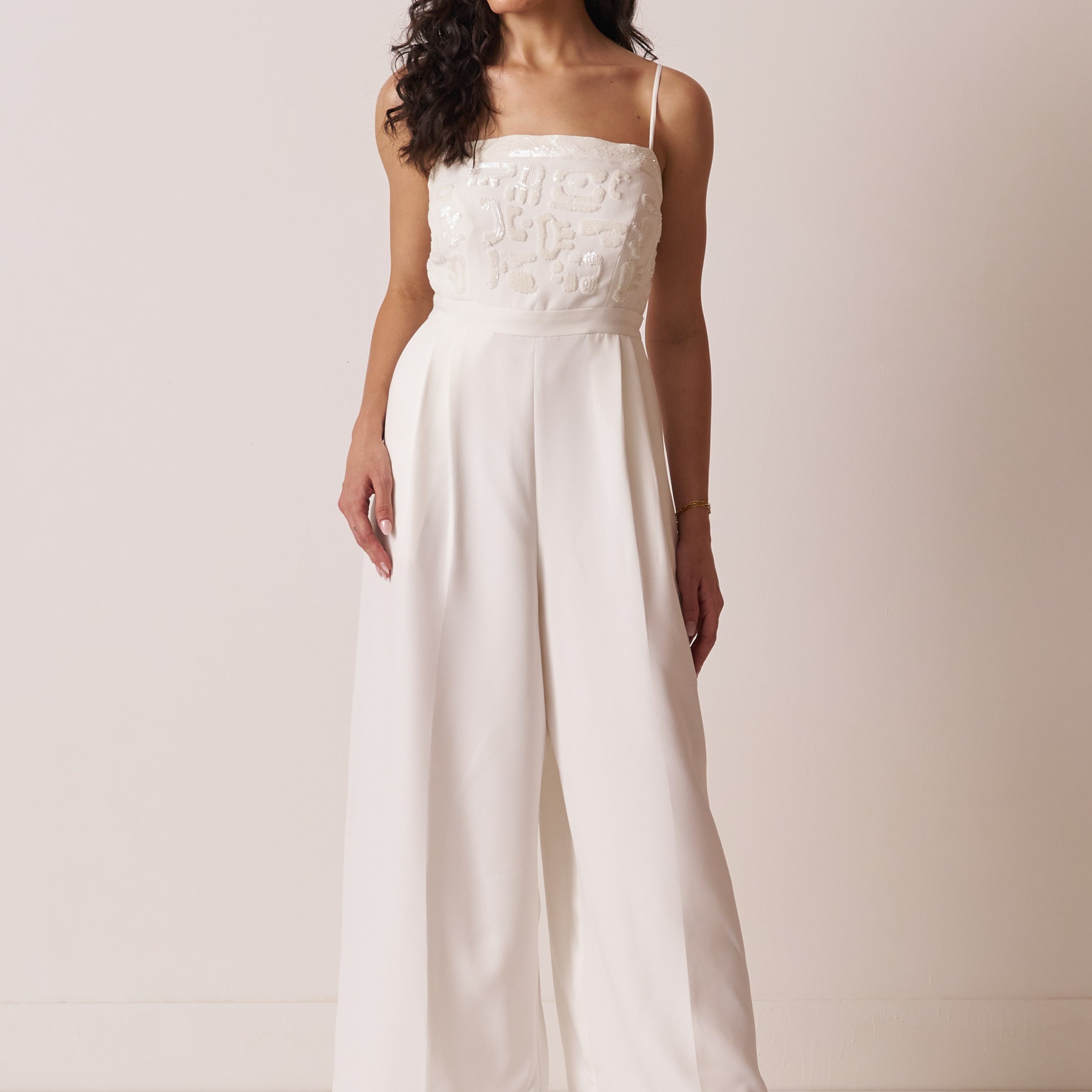 womens shimmery strappy jumpsuit in white